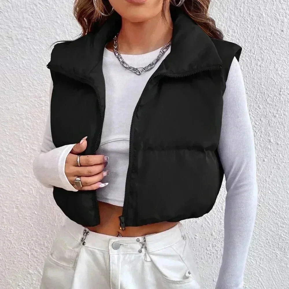Black Casual Women's Zipper Front Vest Padded Coat